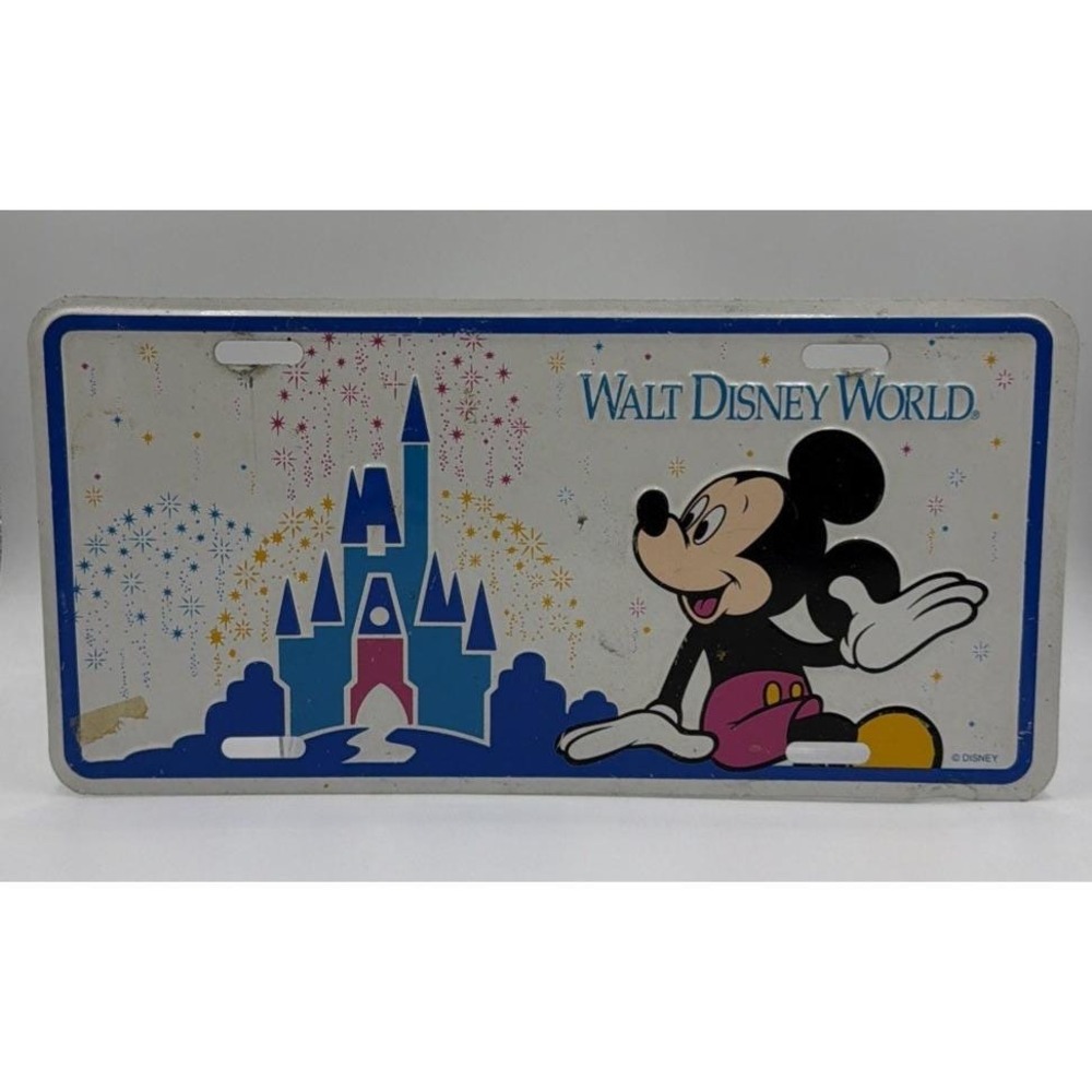 Vintage Walt Disney World Mickey Mouse & Castle Metal Booster License Plate